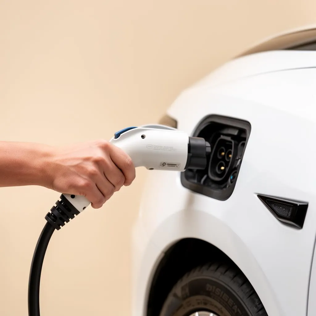 Mão conectando o plugue Tipo 2 na entrada de recarga de um carro elétrico branco